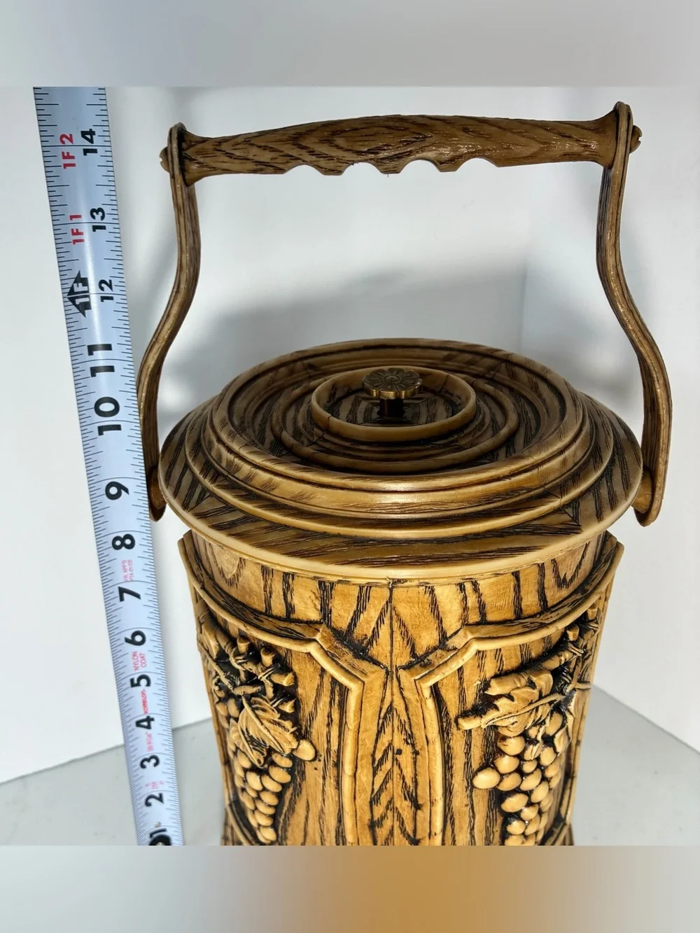 Mid Century Plastic Faux Wood Grain Cocktail Ice Bucket Brown Grapes MCM Retro